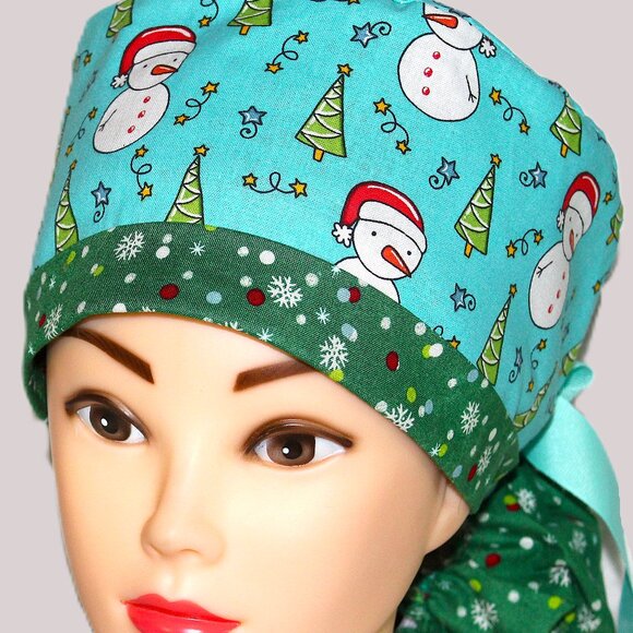 Womens Ponytail Scrub Cap Frost Friends Snowman - Handmade - Picture 3 of 7